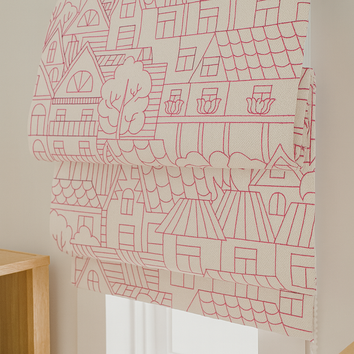 Custom Pure Linen Roman Blinds for Kids’ Rooms & Nurseries – Village-Sketch Embroidery in 4 Colorways – Made-to-Measure UK | Blackout or Light-Filtering