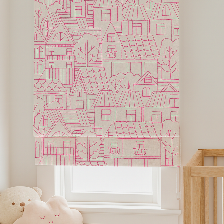 Custom Pure Linen Roman Blinds for Kids’ Rooms & Nurseries – Village-Sketch Embroidery in 4 Colorways – Made-to-Measure UK | Blackout or Light-Filtering