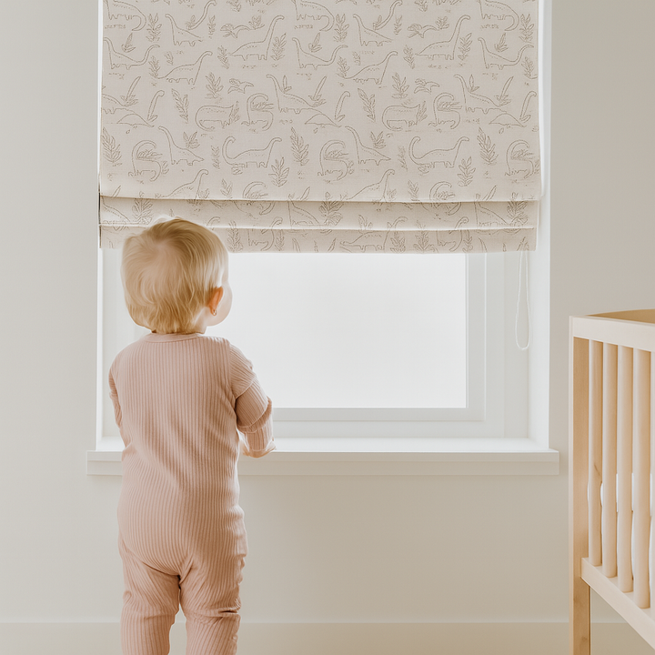 Custom Dinosaur Sketch Linen Roman Blinds for Kids & Nursery – Made-to-Measure | Blackout or Light-Filtering
