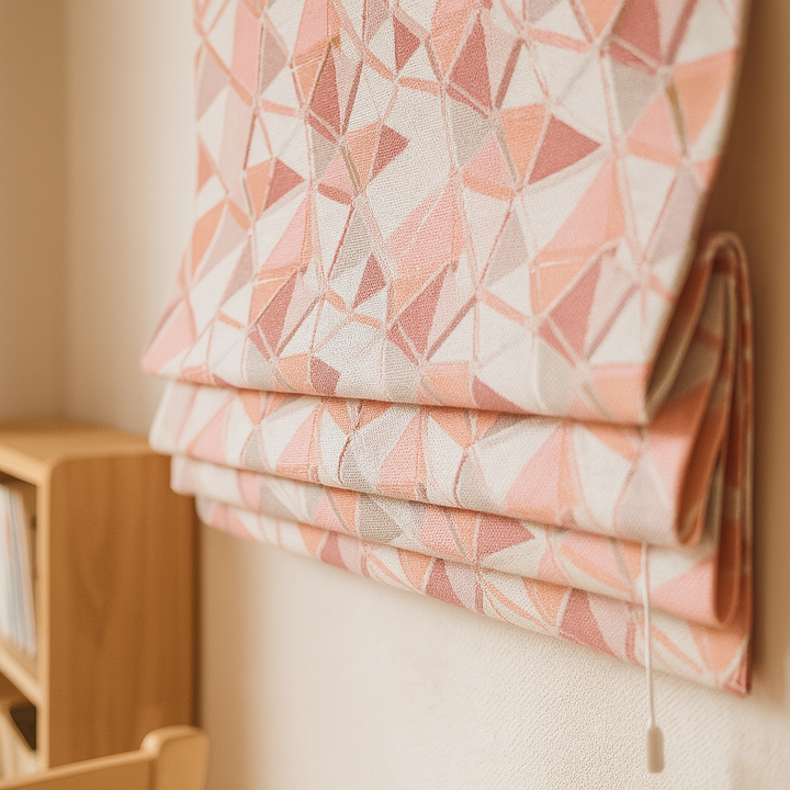 Custom Geometric Mosaic Linen Roman Blinds for Kids & Nursery – Made-to-Measure UK | Blackout or Light-Filtering