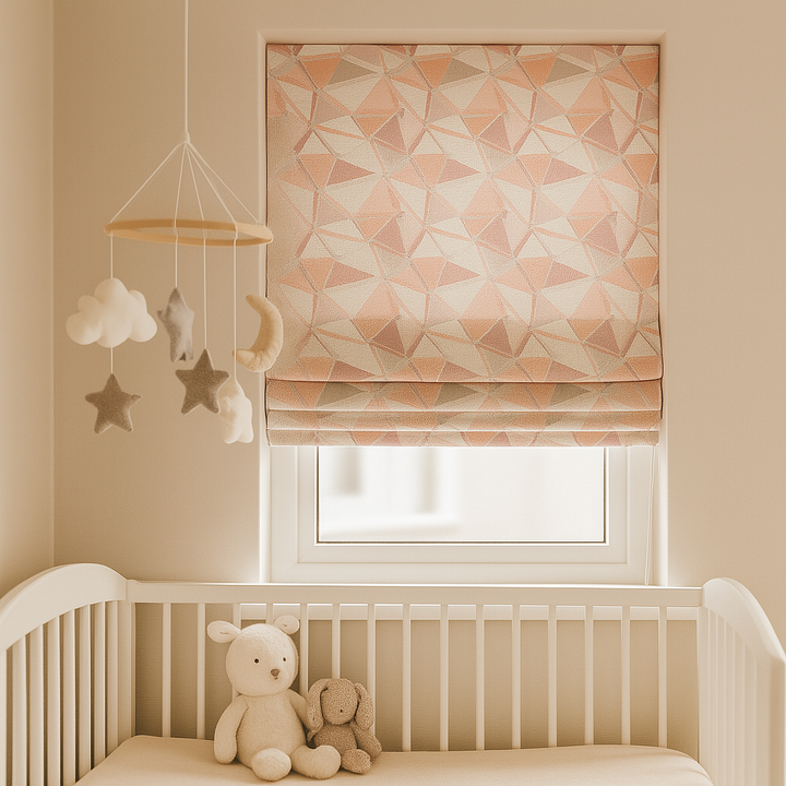 Custom Geometric Mosaic Linen Roman Blinds for Kids & Nursery – Made-to-Measure UK | Blackout or Light-Filtering