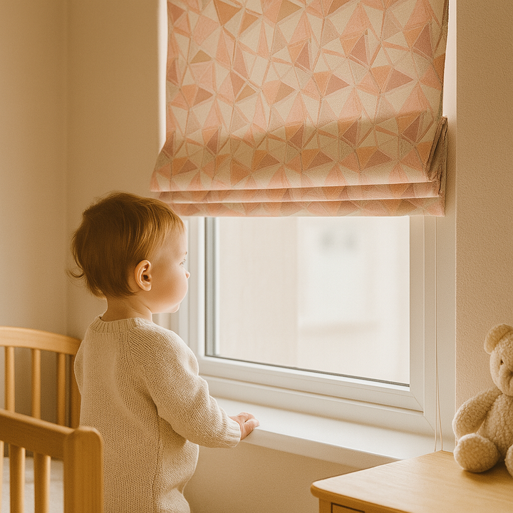 Custom Geometric Mosaic Linen Roman Blinds for Kids & Nursery – Made-to-Measure UK | Blackout or Light-Filtering
