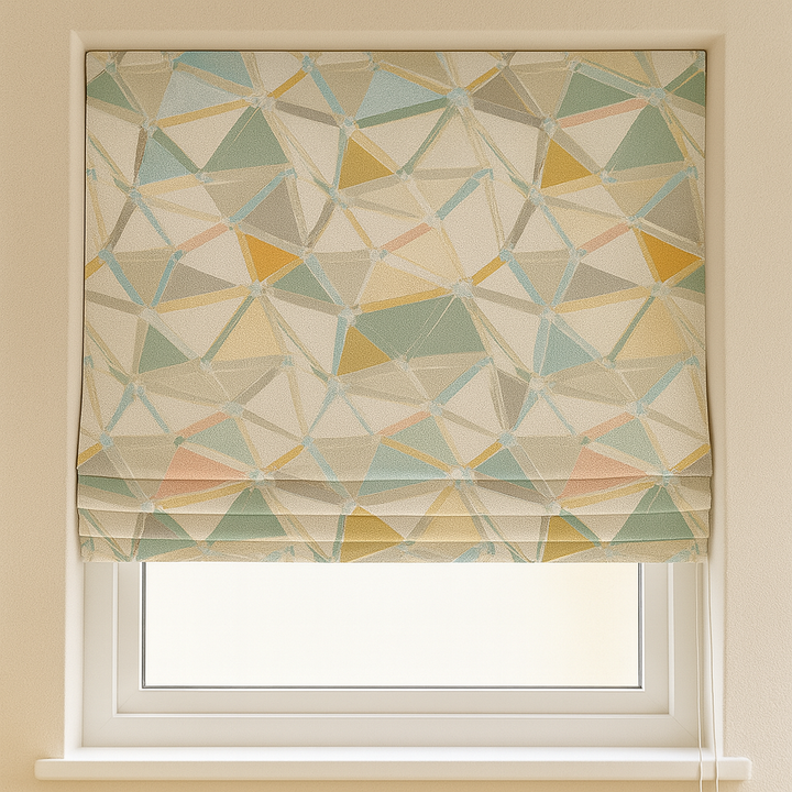 Custom Geometric Mosaic Linen Roman Blinds for Kids & Nursery – Made-to-Measure UK | Blackout or Light-Filtering