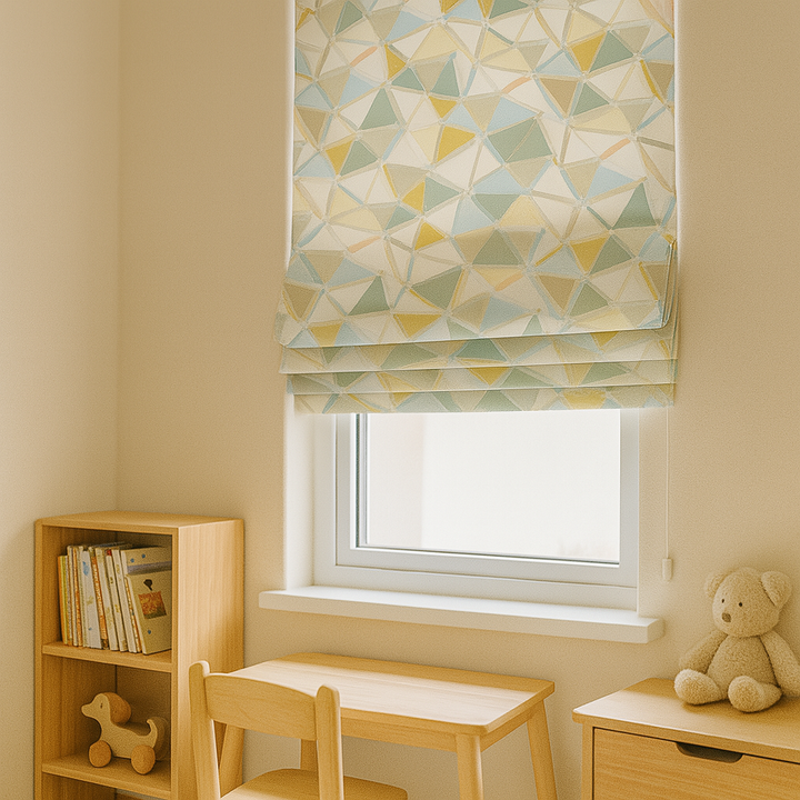 Custom Geometric Mosaic Linen Roman Blinds for Kids & Nursery – Made-to-Measure UK | Blackout or Light-Filtering