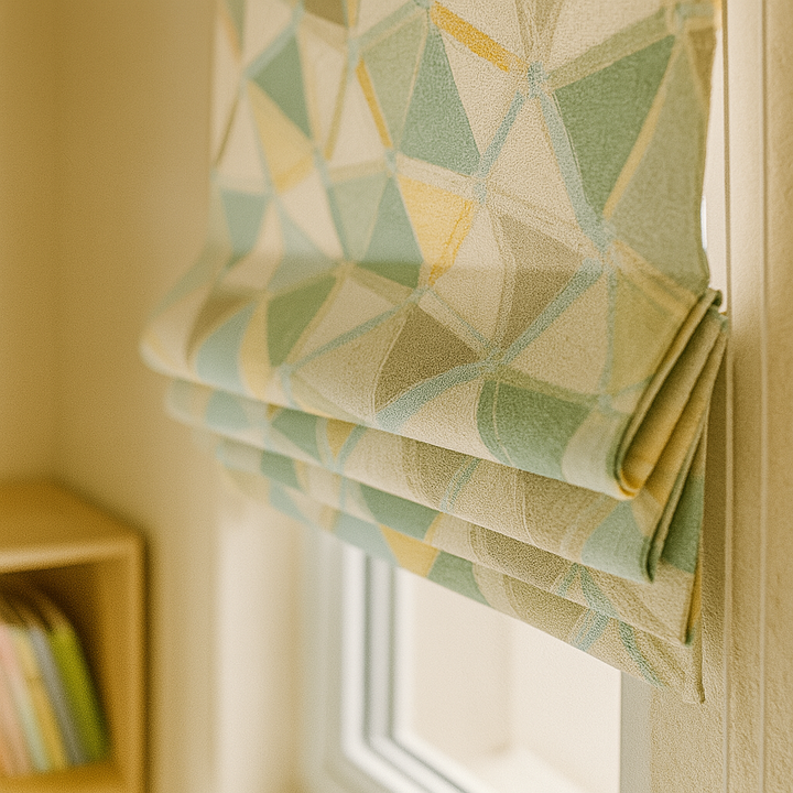 Custom Geometric Mosaic Linen Roman Blinds for Kids & Nursery – Made-to-Measure UK | Blackout or Light-Filtering