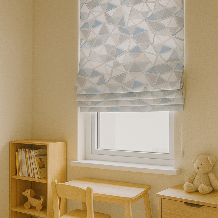 Custom Geometric Mosaic Linen Roman Blinds for Kids & Nursery – Made-to-Measure UK | Blackout or Light-Filtering