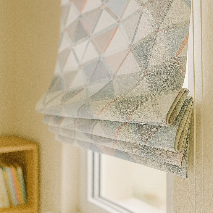 Custom Geometric Mosaic Linen Roman Blinds for Kids & Nursery – Made-to-Measure UK | Blackout or Light-Filtering