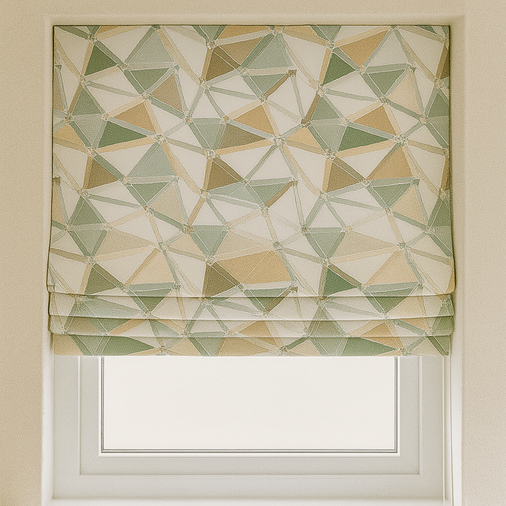 Custom Geometric Mosaic Linen Roman Blinds for Kids & Nursery – Made-to-Measure UK | Blackout or Light-Filtering