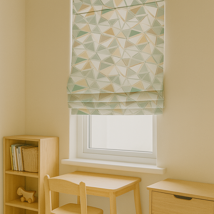 Custom Geometric Mosaic Linen Roman Blinds for Kids & Nursery – Made-to-Measure UK | Blackout or Light-Filtering