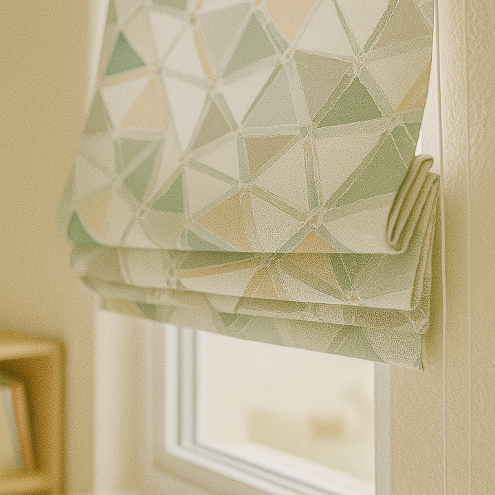 Custom Geometric Mosaic Linen Roman Blinds for Kids & Nursery – Made-to-Measure UK | Blackout or Light-Filtering
