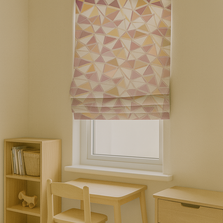 Custom Geometric Mosaic Linen Roman Blinds for Kids & Nursery – Made-to-Measure UK | Blackout or Light-Filtering