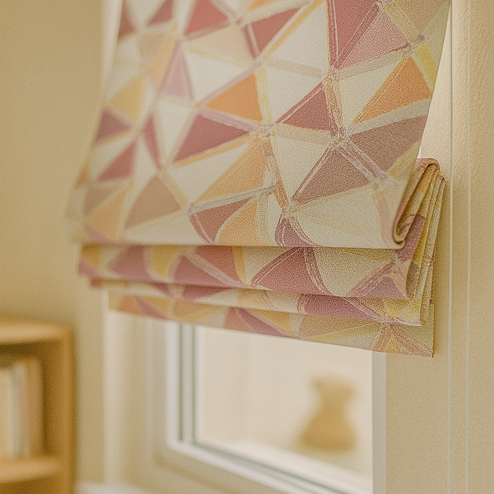 Custom Geometric Mosaic Linen Roman Blinds for Kids & Nursery – Made-to-Measure UK | Blackout or Light-Filtering