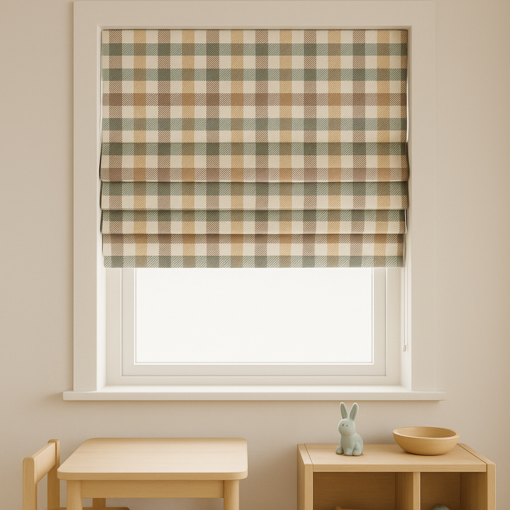 Custom Pastel Plaid Linen Roman Blinds for Kids & Nursery – Gingham Check Pattern – Made-to-Measure UK | Blackout or Light-Filtering