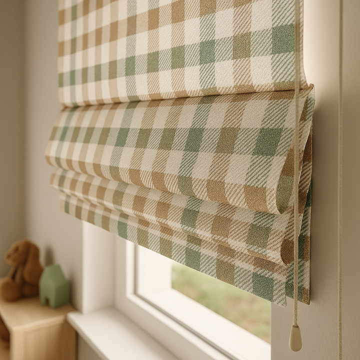 Custom Pastel Plaid Linen Roman Blinds for Kids & Nursery – Gingham Check Pattern – Made-to-Measure UK | Blackout or Light-Filtering