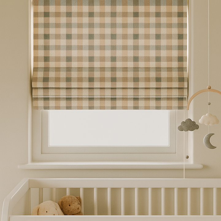 Custom Pastel Plaid Linen Roman Blinds for Kids & Nursery – Gingham Check Pattern – Made-to-Measure UK | Blackout or Light-Filtering