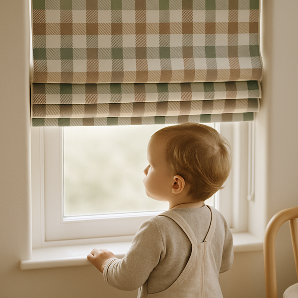 Custom Pastel Plaid Linen Roman Blinds for Kids & Nursery – Gingham Check Pattern – Made-to-Measure UK | Blackout or Light-Filtering