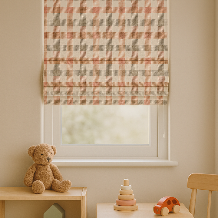 Custom Pastel Plaid Linen Roman Blinds for Kids & Nursery – Gingham Check Pattern – Made-to-Measure UK | Blackout or Light-Filtering