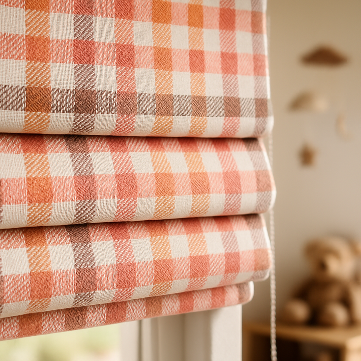Custom Pastel Plaid Linen Roman Blinds for Kids & Nursery – Gingham Check Pattern – Made-to-Measure UK | Blackout or Light-Filtering