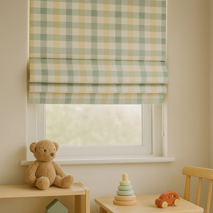 Custom Pastel Plaid Linen Roman Blinds for Kids & Nursery – Gingham Check Pattern – Made-to-Measure UK | Blackout or Light-Filtering