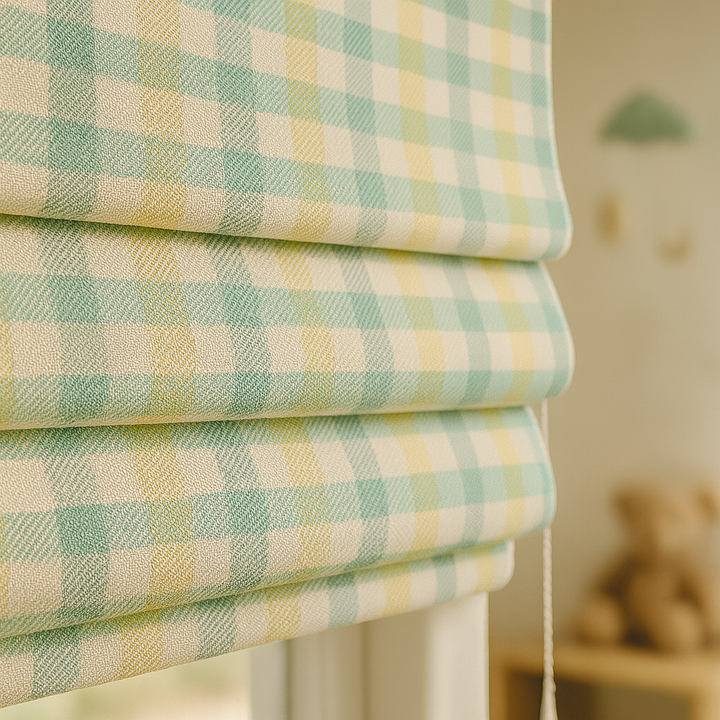 Custom Pastel Plaid Linen Roman Blinds for Kids & Nursery – Gingham Check Pattern – Made-to-Measure UK | Blackout or Light-Filtering