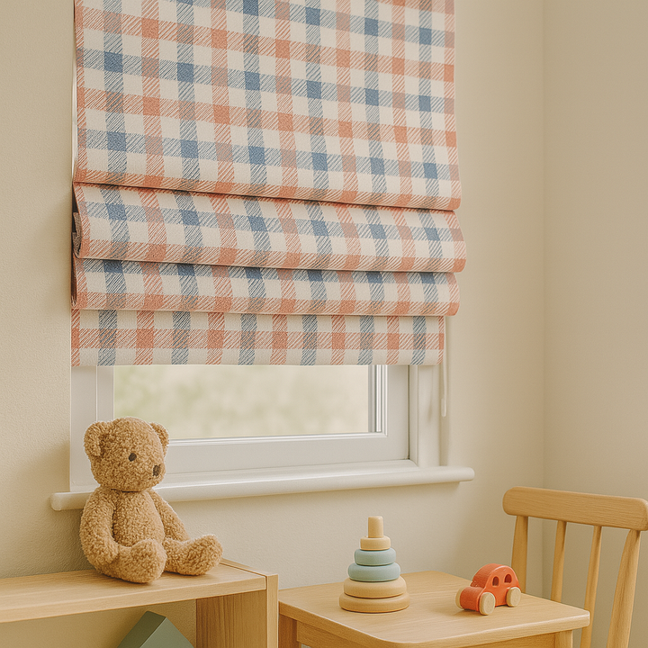 Custom Pastel Plaid Linen Roman Blinds for Kids & Nursery – Gingham Check Pattern – Made-to-Measure UK | Blackout or Light-Filtering