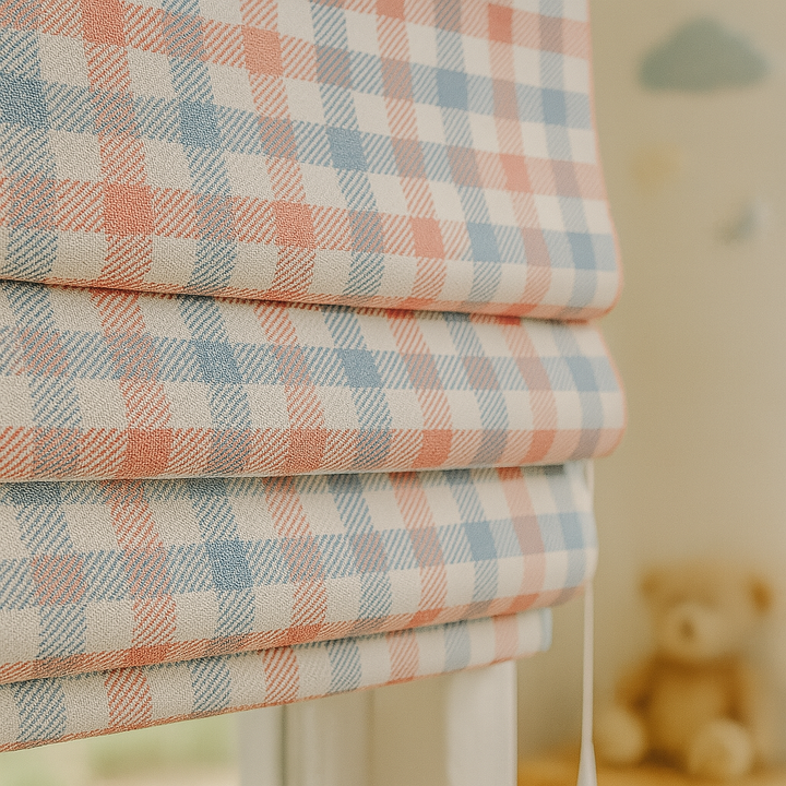 Custom Pastel Plaid Linen Roman Blinds for Kids & Nursery – Gingham Check Pattern – Made-to-Measure UK | Blackout or Light-Filtering