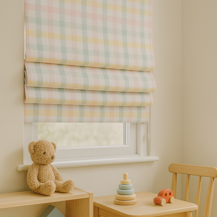 Custom Pastel Plaid Linen Roman Blinds for Kids & Nursery – Gingham Check Pattern – Made-to-Measure UK | Blackout or Light-Filtering