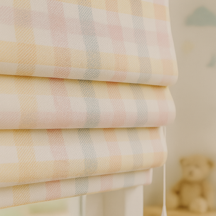 Custom Pastel Plaid Linen Roman Blinds for Kids & Nursery – Gingham Check Pattern – Made-to-Measure UK | Blackout or Light-Filtering