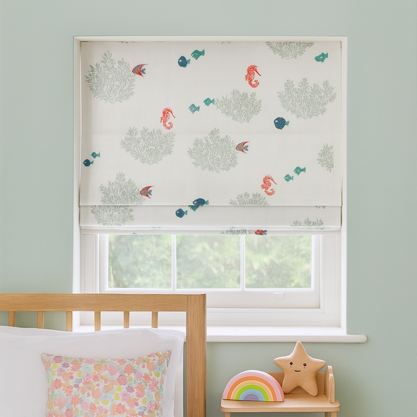 Seahorse & Coral Roman Blind – Pure Linen Corded Kids Shade | Custom Size | Light Filtering or Blackout Liner | Recess or Outside Mount