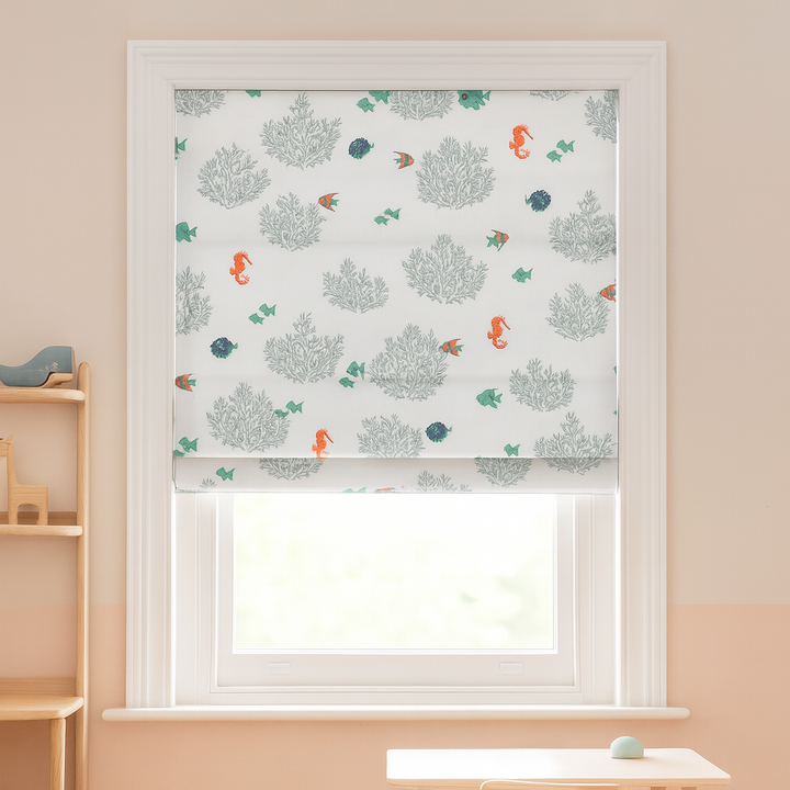 Seahorse & Coral Roman Blind – Pure Linen Corded Kids Shade | Custom Size | Light Filtering or Blackout Liner | Recess or Outside Mount