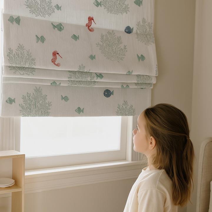 Seahorse & Coral Roman Blind – Pure Linen Corded Kids Shade | Custom Size | Light Filtering or Blackout Liner | Recess or Outside Mount