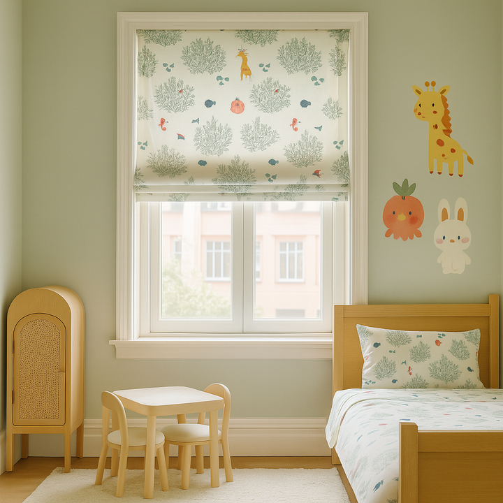 Seahorse & Coral Roman Blind – Pure Linen Corded Kids Shade | Custom Size | Light Filtering or Blackout Liner | Recess or Outside Mount