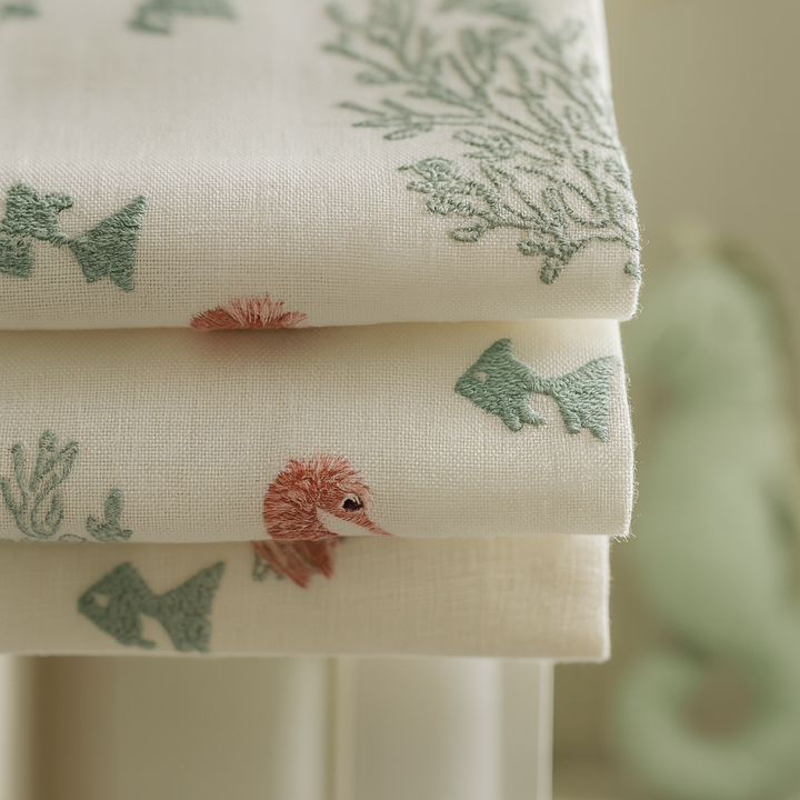 Seahorse & Coral Roman Blind – Pure Linen Corded Kids Shade | Custom Size | Light Filtering or Blackout Liner | Recess or Outside Mount