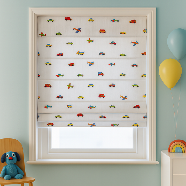 Planes, Cars & Trucks Embroidered Roman Blind – Pure Linen Custom Kids Shade | Light Filtering or Blackout Liner | Recess & Outside Fit | Corded Lift