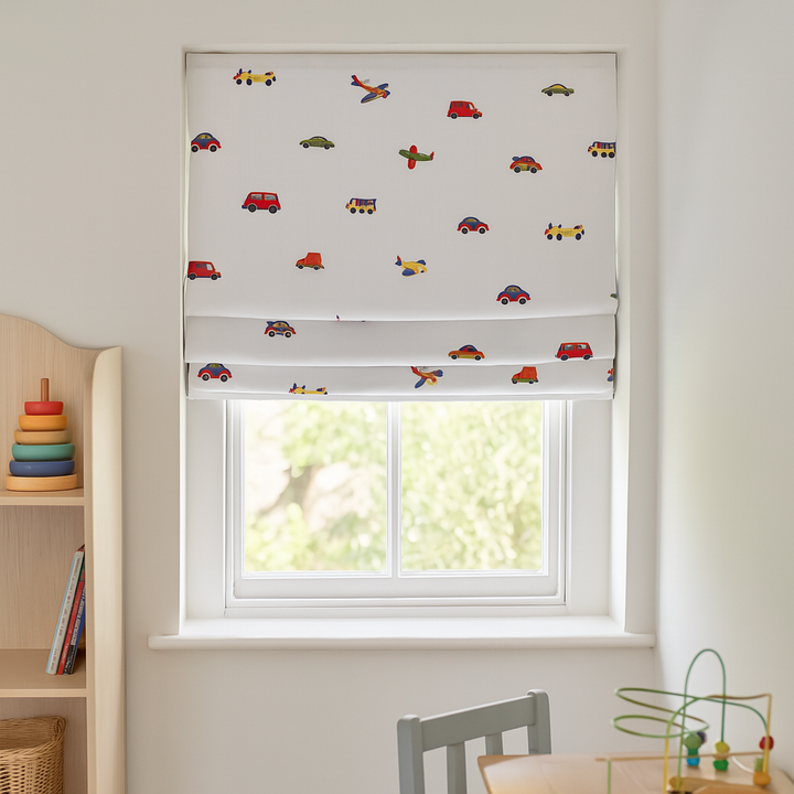 Planes, Cars & Trucks Embroidered Roman Blind – Pure Linen Custom Kids Shade | Light Filtering or Blackout Liner | Recess & Outside Fit | Corded Lift