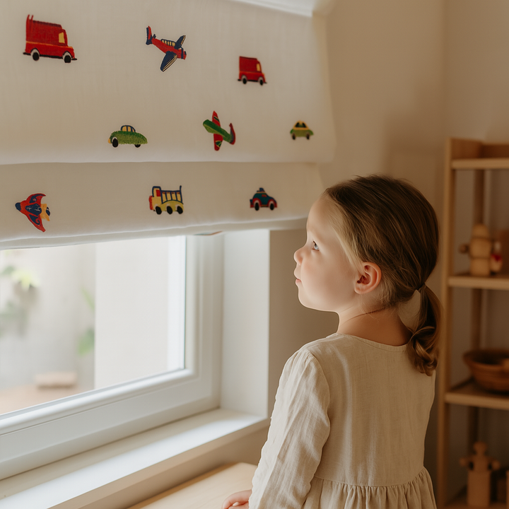 Planes, Cars & Trucks Embroidered Roman Blind – Pure Linen Custom Kids Shade | Light Filtering or Blackout Liner | Recess & Outside Fit | Corded Lift