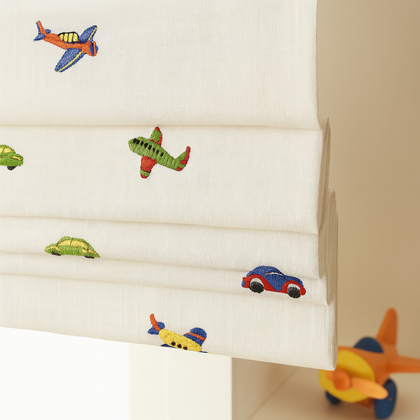 Planes, Cars & Trucks Embroidered Roman Blind – Pure Linen Custom Kids Shade | Light Filtering or Blackout Liner | Recess & Outside Fit | Corded Lift