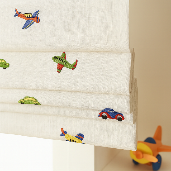 Planes, Cars & Trucks Embroidered Roman Blind – Pure Linen Custom Kids Shade | Light Filtering or Blackout Liner | Recess & Outside Fit | Corded Lift