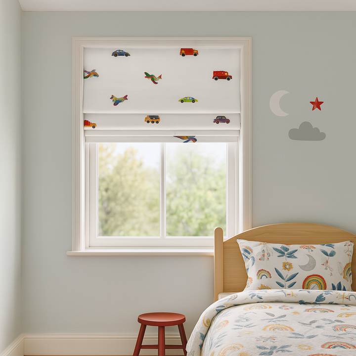 Planes, Cars & Trucks Embroidered Roman Blind – Pure Linen Custom Kids Shade | Light Filtering or Blackout Liner | Recess & Outside Fit | Corded Lift