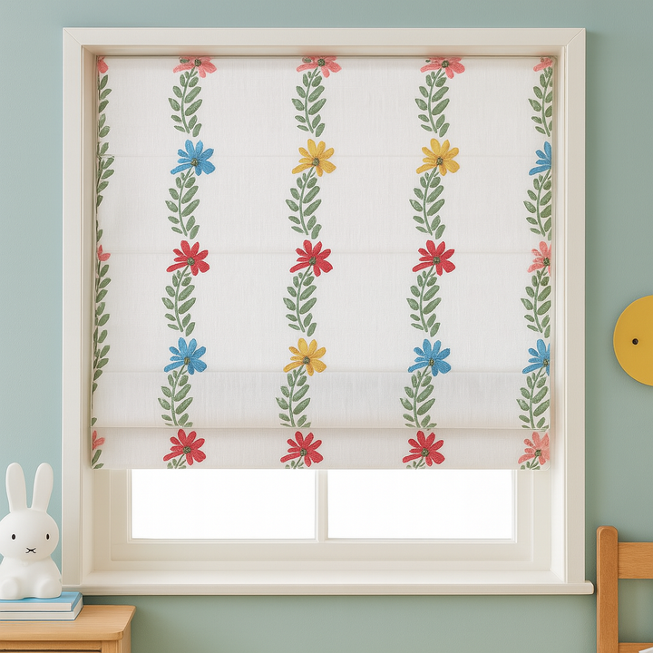 Rainbow Flowers Embroidered Linen Roman Blind for Kids Room or Nursery – Custom Corded, Light Filtering or Blackout