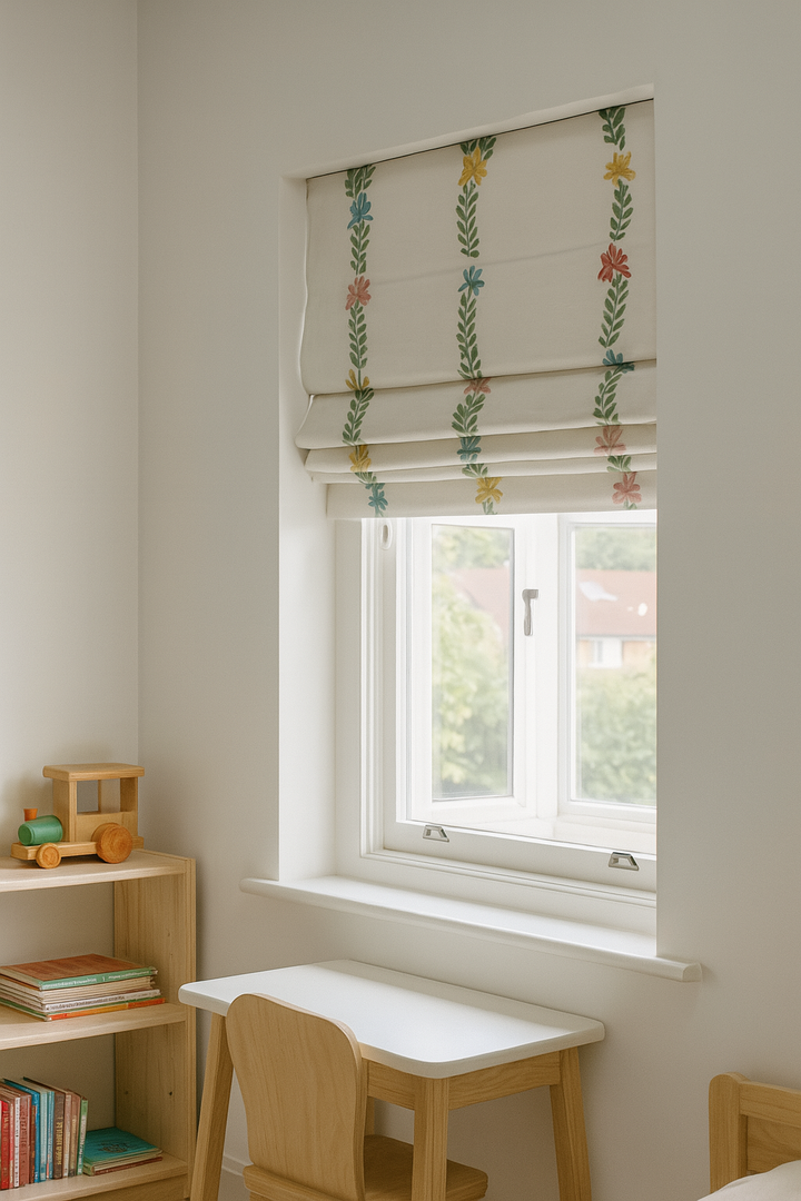 Rainbow Flowers Embroidered Linen Roman Blind for Kids Room or Nursery – Custom Corded, Light Filtering or Blackout
