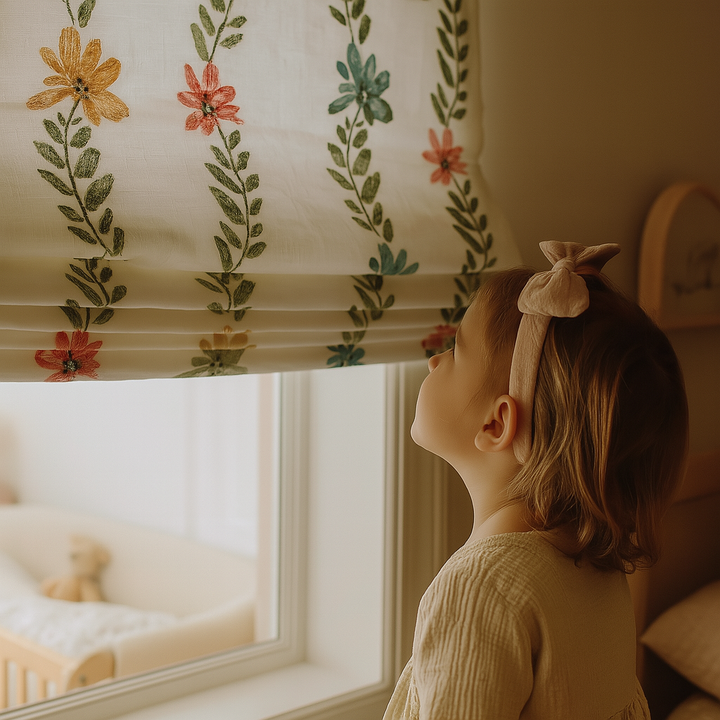 Rainbow Flowers Embroidered Linen Roman Blind for Kids Room or Nursery – Custom Corded, Light Filtering or Blackout
