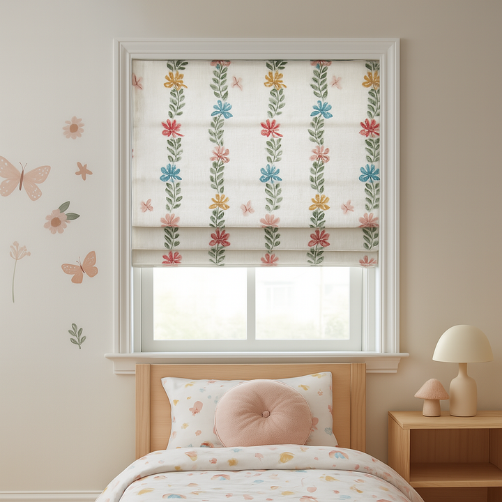 Rainbow Flowers Embroidered Linen Roman Blind for Kids Room or Nursery – Custom Corded, Light Filtering or Blackout
