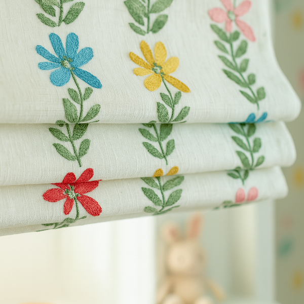 Rainbow Flowers Embroidered Linen Roman Blind for Kids Room or Nursery – Custom Corded, Light Filtering or Blackout