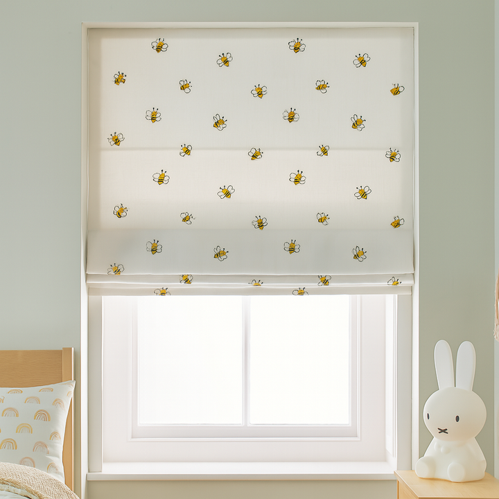 Honey Bee Embroidered Pure Linen Roman Blind for Kids Room & Nursery – Custom Corded Shade with Blackout or Light Filtering Liner