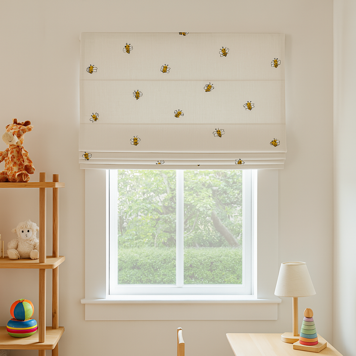 Honey Bee Embroidered Pure Linen Roman Blind for Kids Room & Nursery – Custom Corded Shade with Blackout or Light Filtering Liner