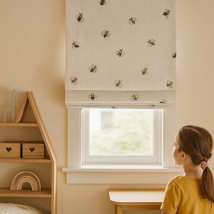 Honey Bee Embroidered Pure Linen Roman Blind for Kids Room & Nursery – Custom Corded Shade with Blackout or Light Filtering Liner