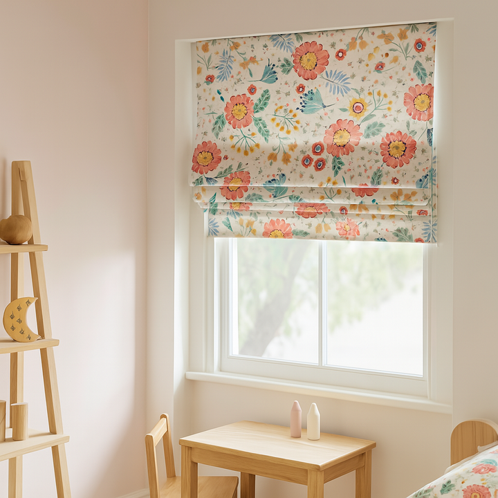 Floral Printed Pure Linen Roman Blind for Kids Room or Nursery – Custom Size – Light Filtering or 100% Blackout Lining