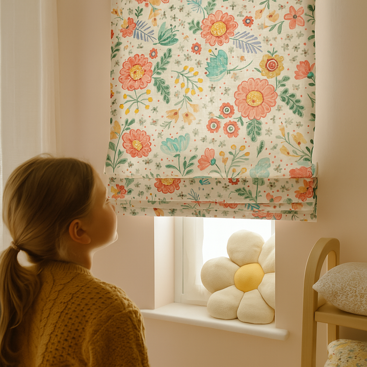 Floral Printed Pure Linen Roman Blind for Kids Room or Nursery – Custom Size – Light Filtering or 100% Blackout Lining
