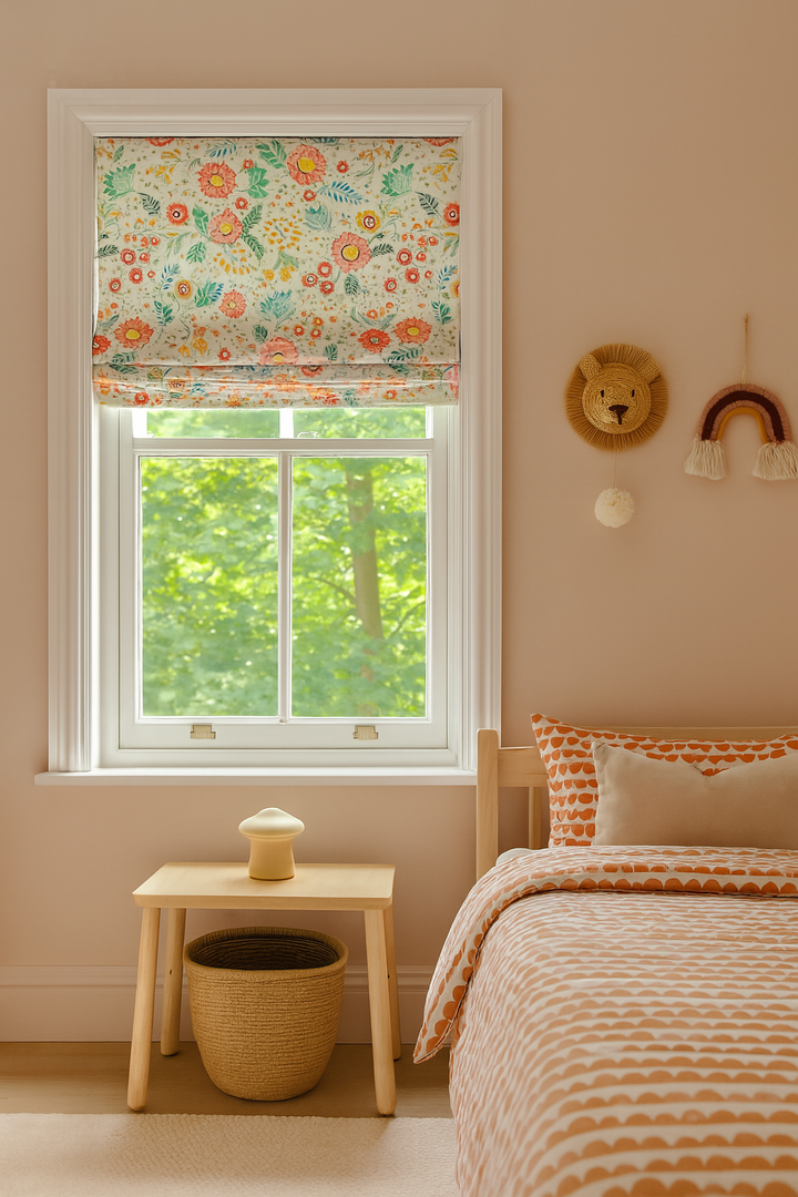 Floral Printed Pure Linen Roman Blind for Kids Room or Nursery – Custom Size – Light Filtering or 100% Blackout Lining